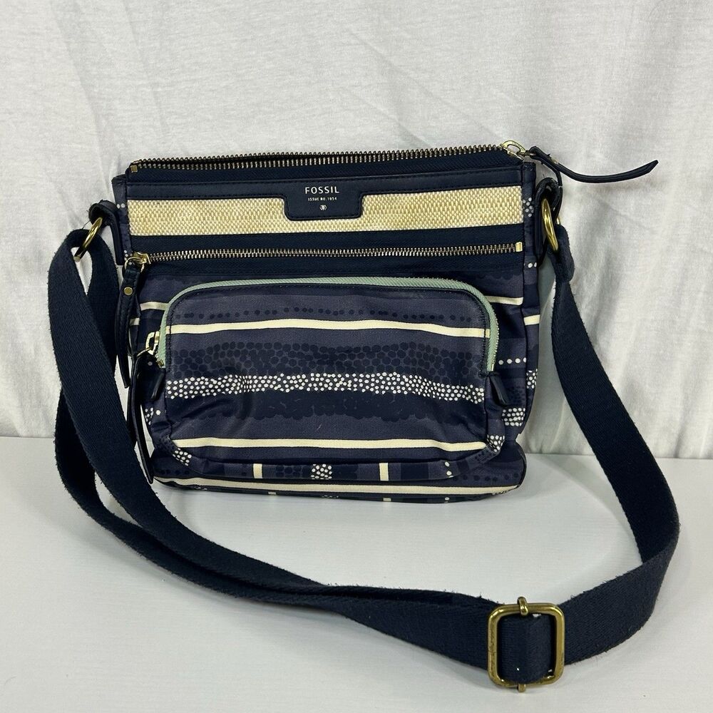 FOSSIL ELIZA Crossbody Blue Multi-Striped Coated Canvas Messenger Bag Purse